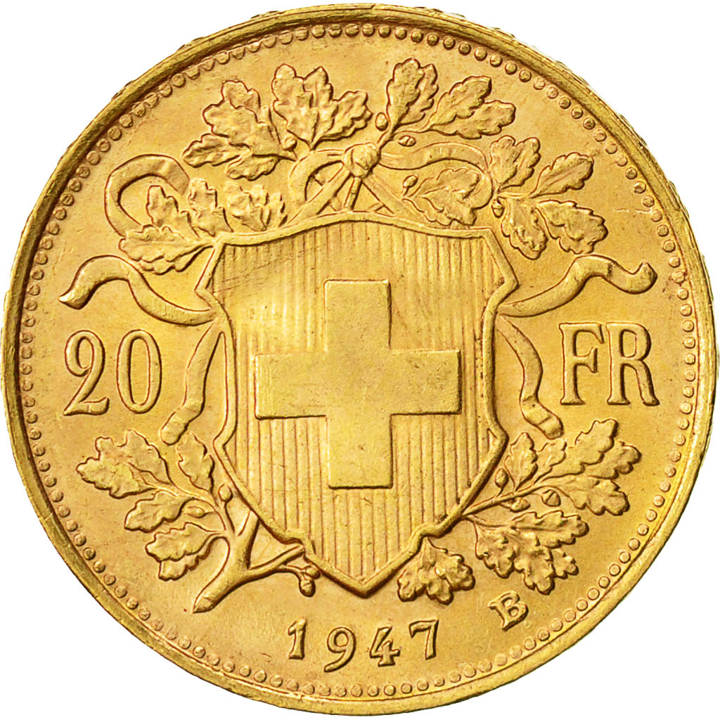 Moneda, Suiza, 20 Francs, 1947, Bern, MBC+, Oro, KM:35.1