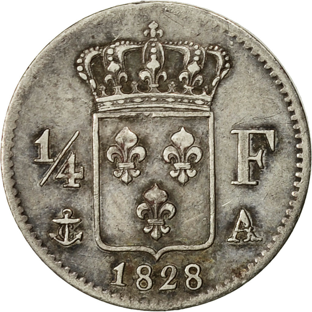 Moneta, Francja, Charles X, 1/4 Franc, 1828, Paris, AU(55-58), Srebro, KM:722.1