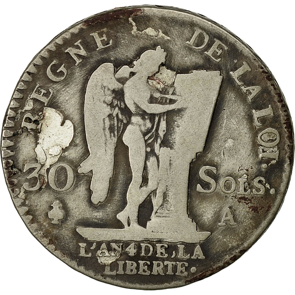 Moneta, Francia, 30 sols françois, 30 Sols, 1792, Paris, MB, Argento, KM:606.1