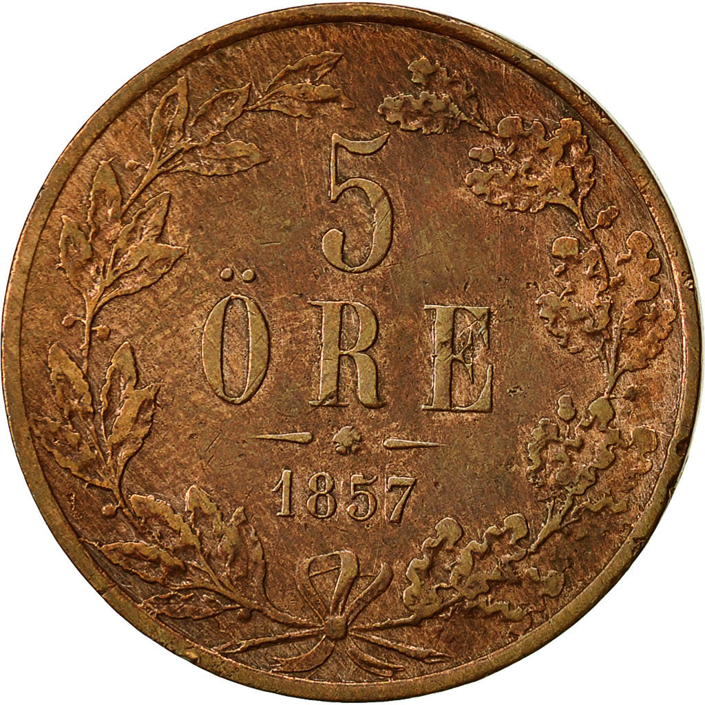Moneda, Suecia, Oscar I, 5 Öre, 1857, MBC, Bronce, KM:690