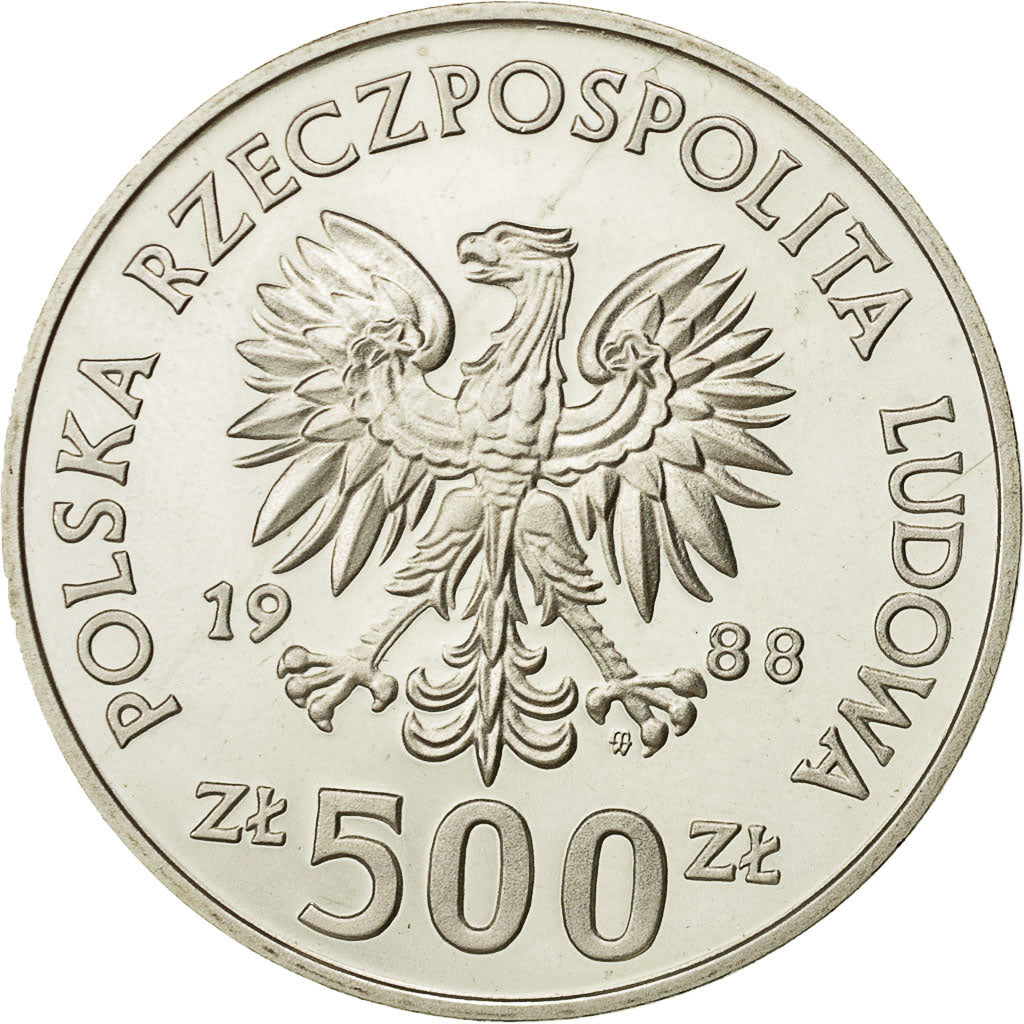 Coin, Poland, 500 Zlotych, 1988, Warsaw, MS(65-70), Silver, KM:184