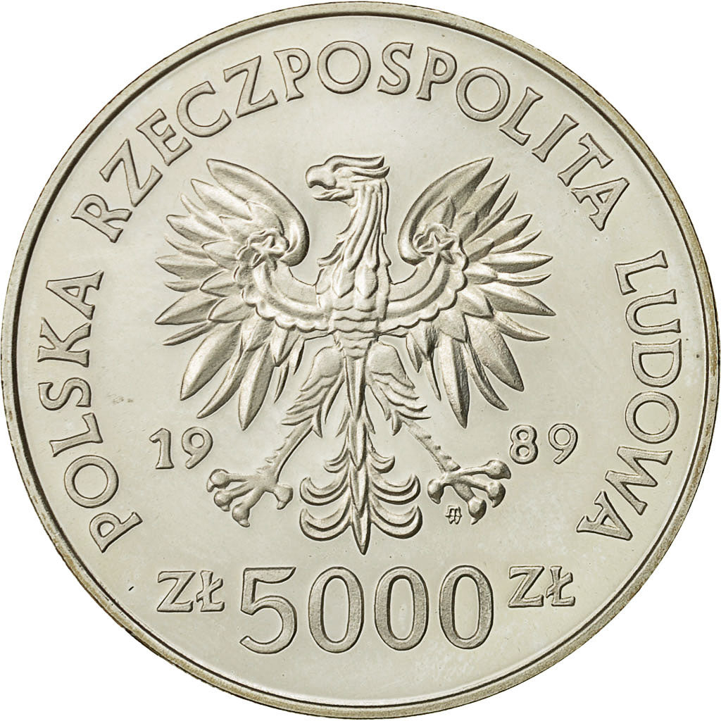 Coin, Poland, 5000 Zlotych, 1989, Warsaw, MS(65-70), Silver, KM:191