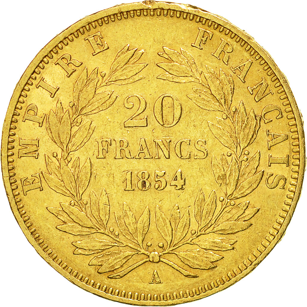 Moneda, Francia, Napoleon III, Napoléon III, 20 Francs, 1854, Paris, MBC, Oro