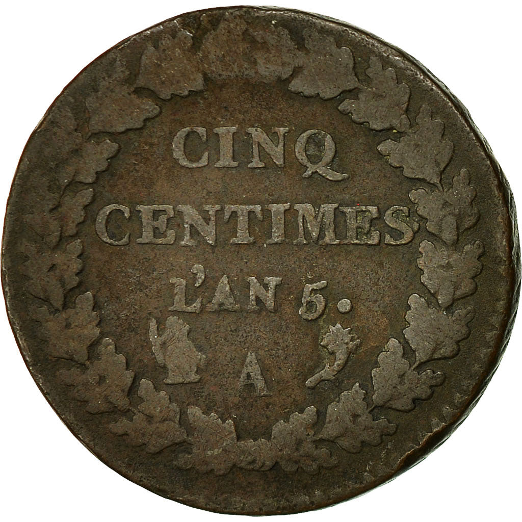 Moneta, Francia, Dupré, 5 Centimes, AN 5, Paris, MB+, Bronzo, KM:640.1