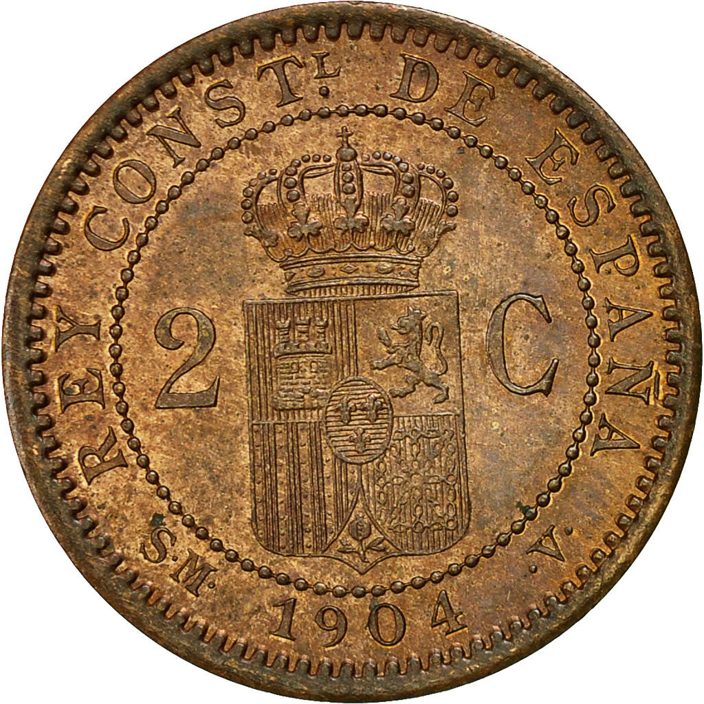 Moneta, Spagna, Alfonso XIII, 2 Centimos, 1904, SPL-, Rame, KM:722