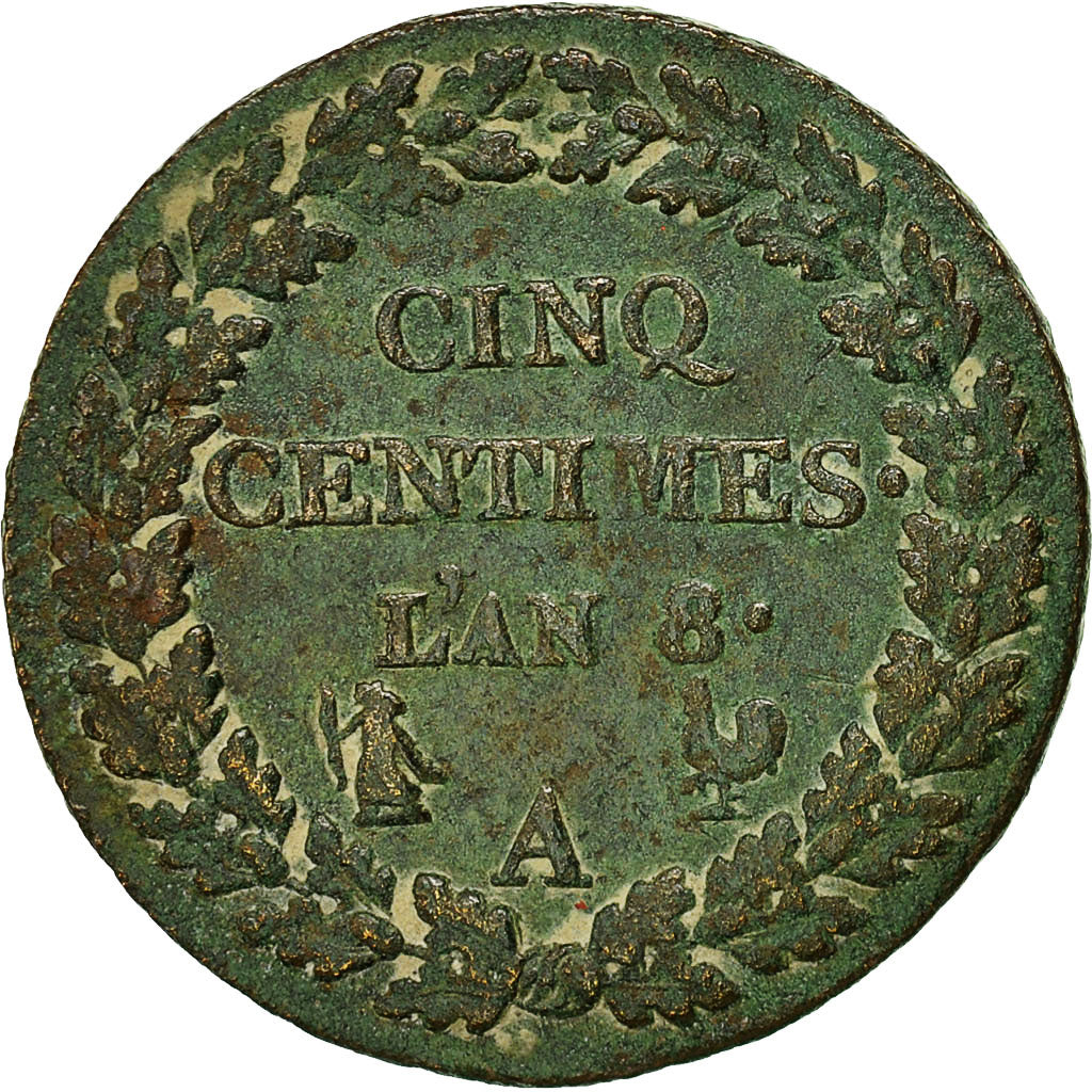 Monnaie, France, Dupré, 5 Centimes, AN 8, Paris, TTB, Bronze, Gadoury:126a