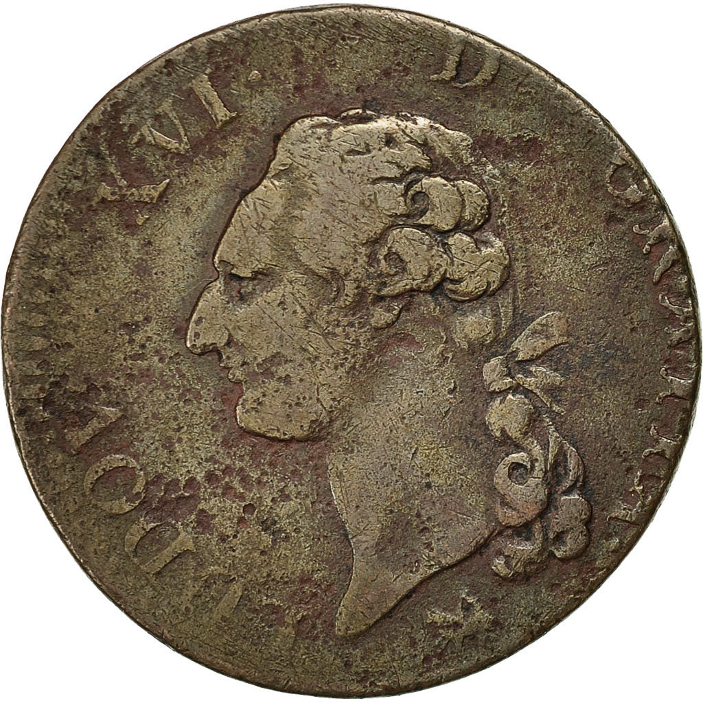 Moneda, Francia, Louis XVI, Sol, 1790, Rouen, BC+, Cobre, Gadoury:350