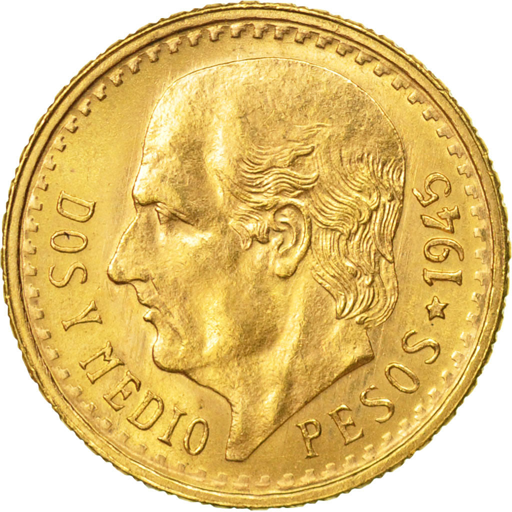 Coin, Mexico, 2-1/2 Pesos, 1945, Mexico City, MS(63), Gold, KM:463