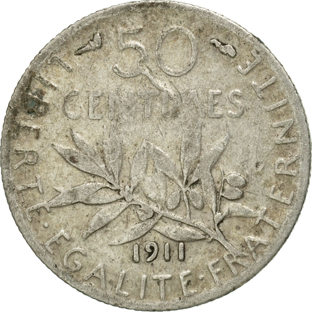 Monnaie, France, Semeuse, 50 Centimes, 1911, Paris, TB, Argent, Gadoury:420
