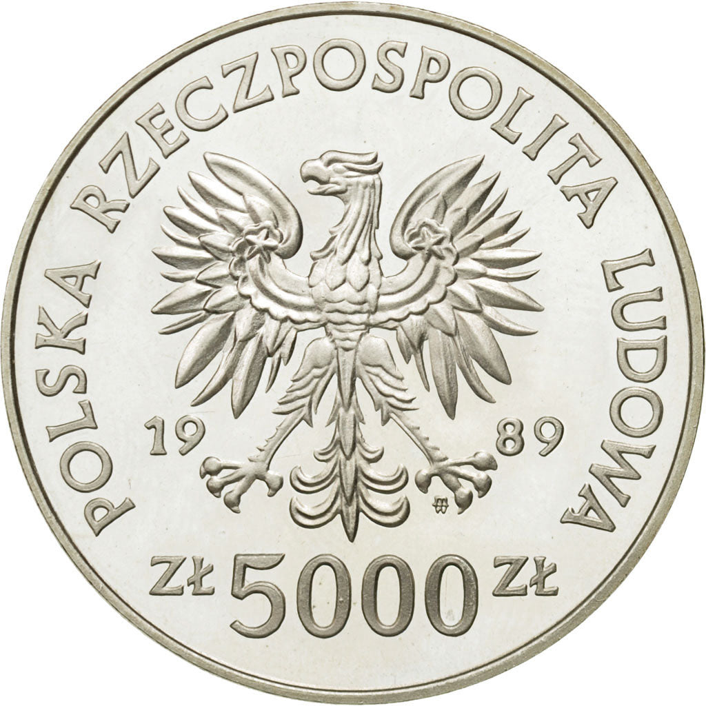 Coin, Poland, 5000 Zlotych, 1989, Warsaw, MS(65-70), Silver, KM:191