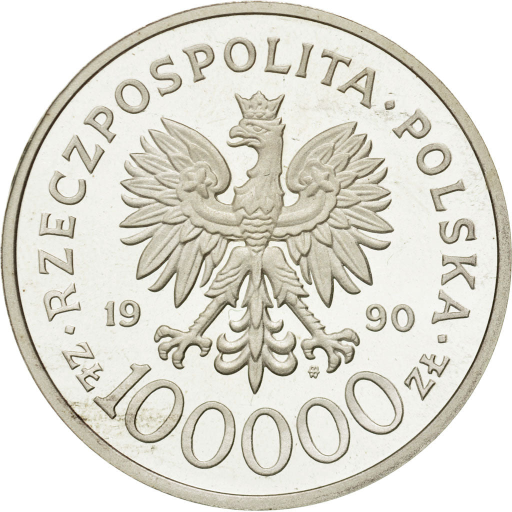 Coin, Poland, 100000 Zlotych, 1990, Warsaw, MS(65-70), Silver, KM:196.1