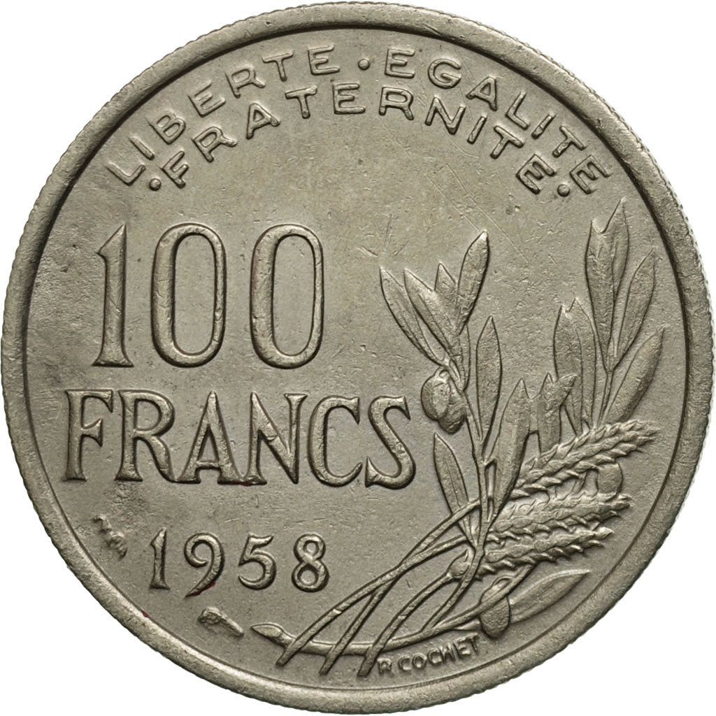 Moneda, Francia, Cochet, 100 Francs, 1958, Paris, MBC, Cobre - níquel