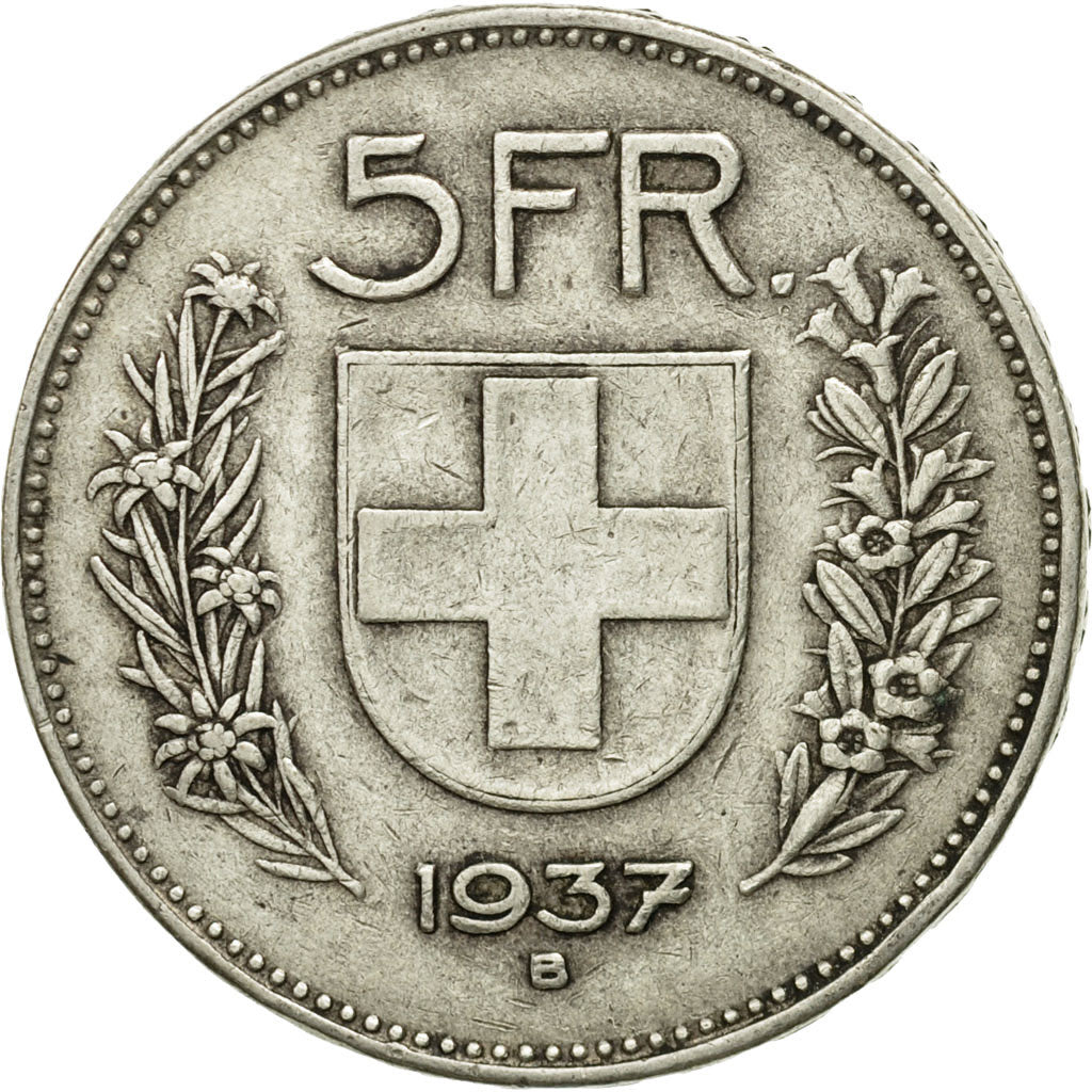 Coin, Switzerland, 5 Francs, 1937, Bern, EF(40-45), Silver, KM:40
