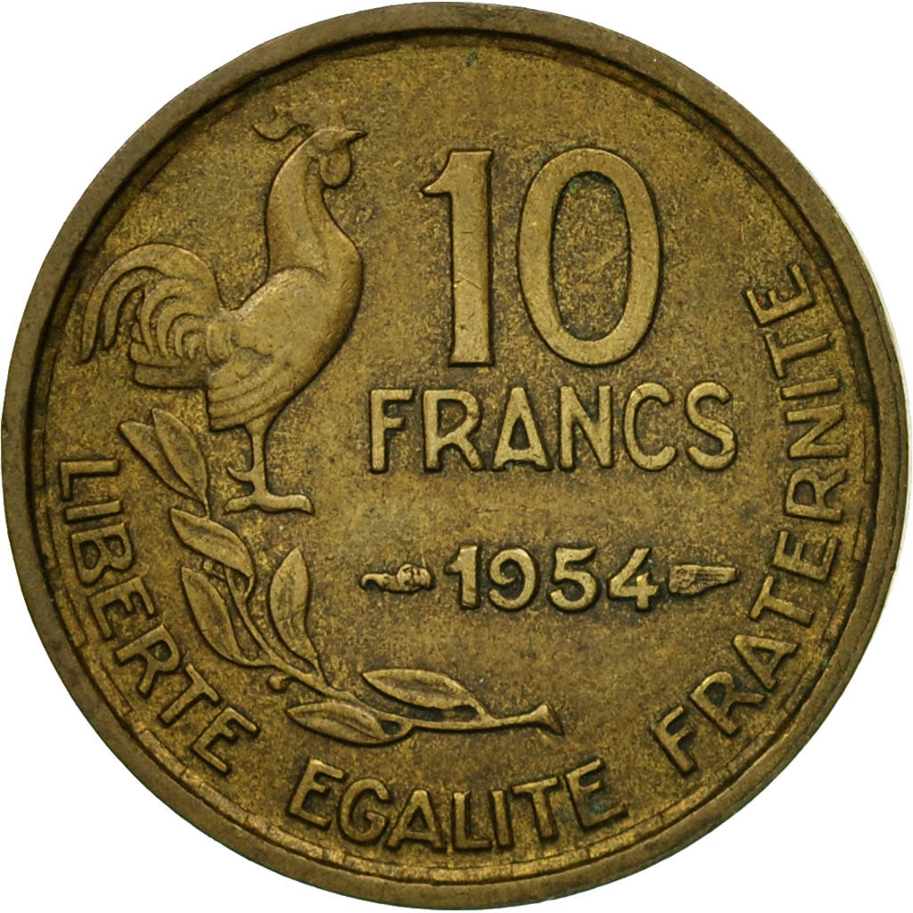 Moneda, Francia, Guiraud, 10 Francs, 1954, Paris, MBC, Aluminio - bronce
