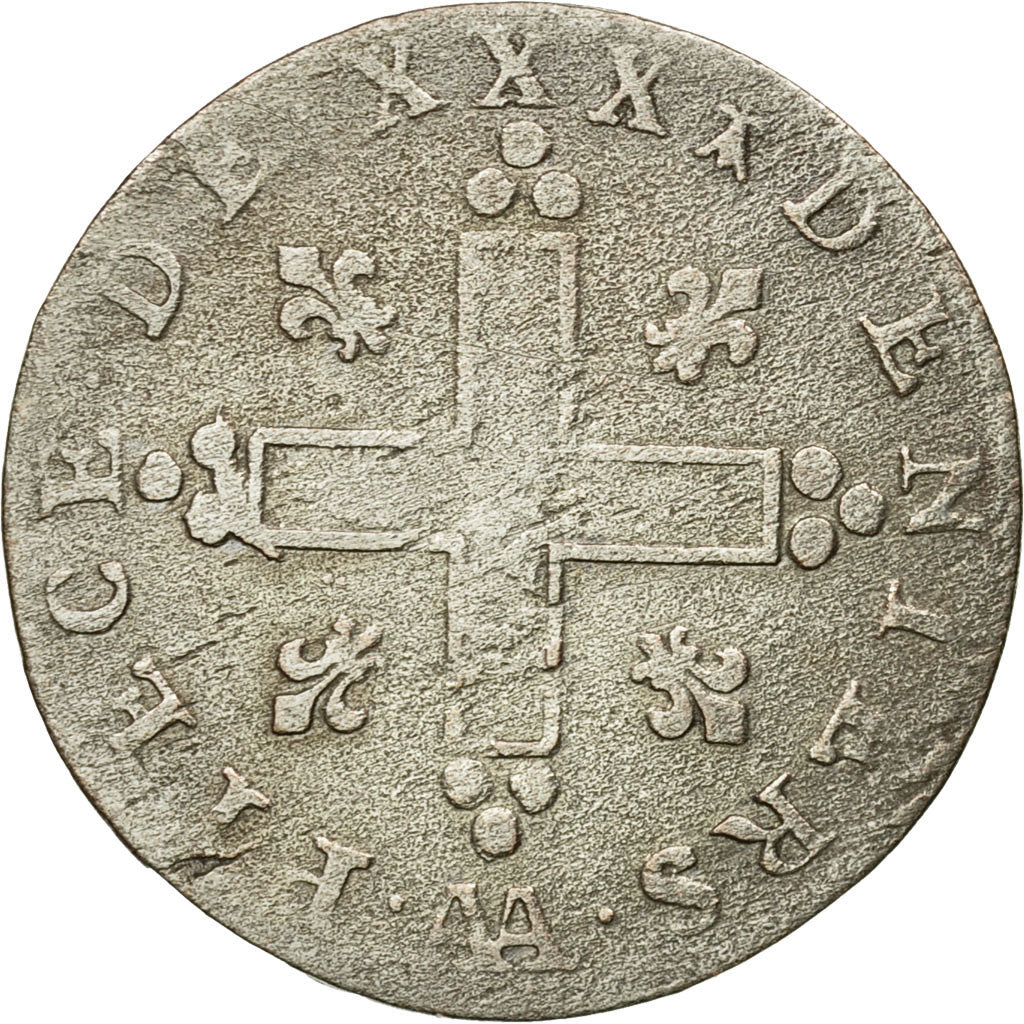 Coin, France, Louis XIV, XXX Deniers aux 2 L couronnés, 30 Deniers, 1710, Metz