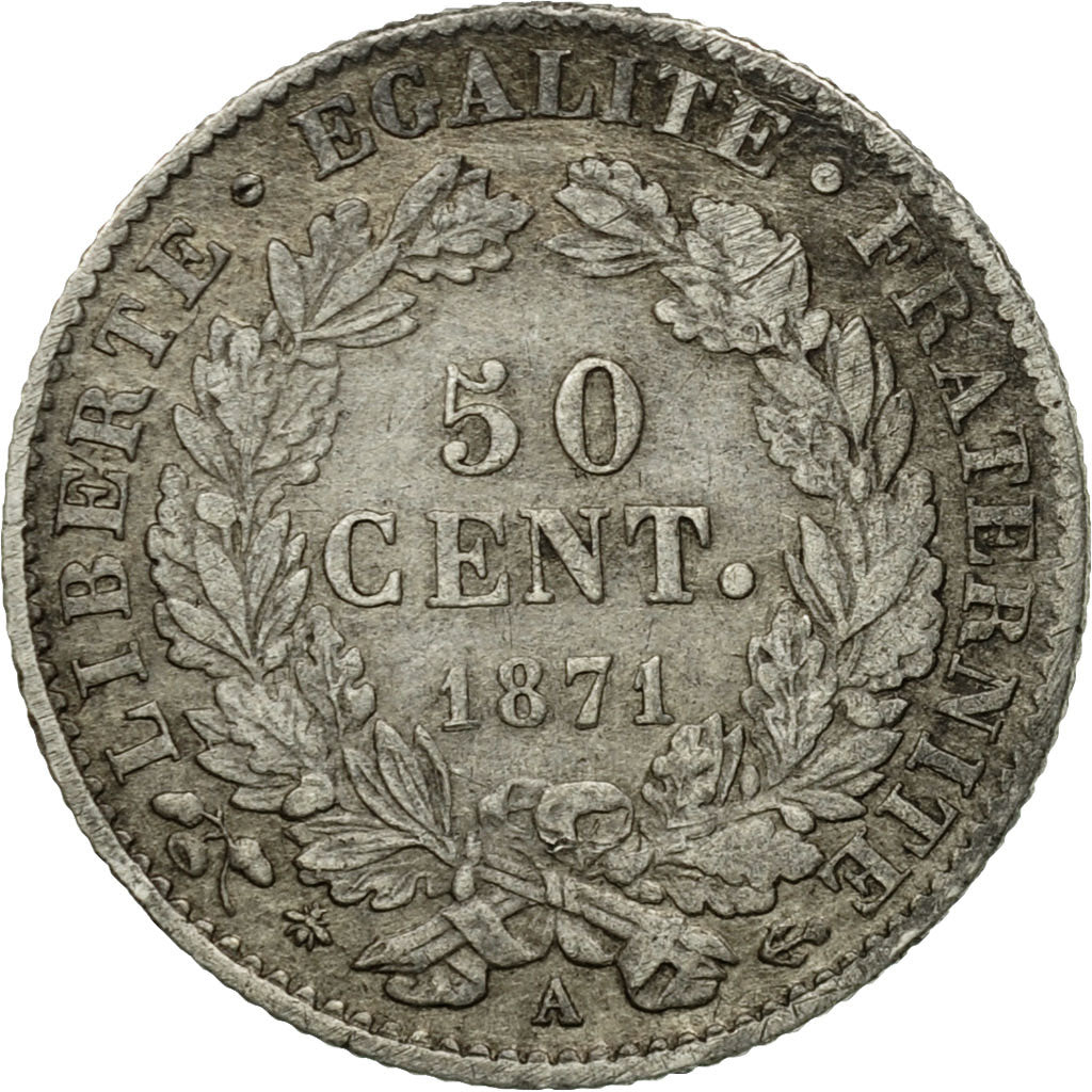 Moneda, Francia, Cérès, 50 Centimes, 1871, Paris, BC+, Plata, KM:834.1