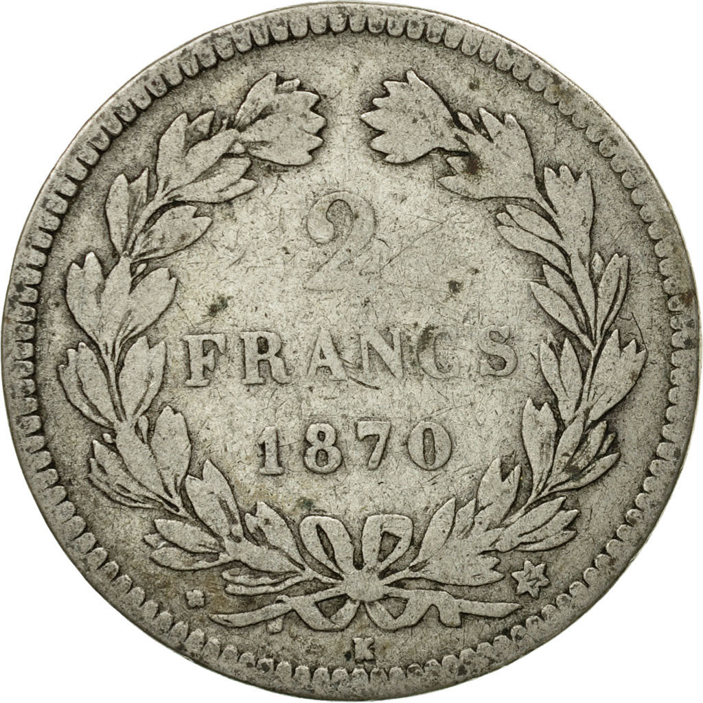 Moneta, Francia, Cérès, 2 Francs, 1870, Bordeaux, MB, Argento, KM:816.2
