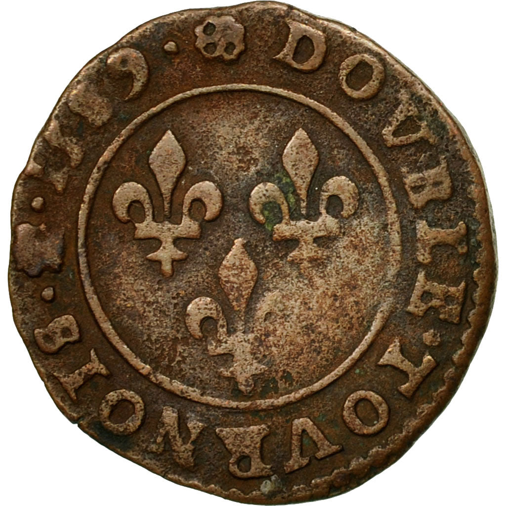 Coin, France, Double Tournois, 1589, Saint Lô, EF(40-45), Copper, Duplessy:1152
