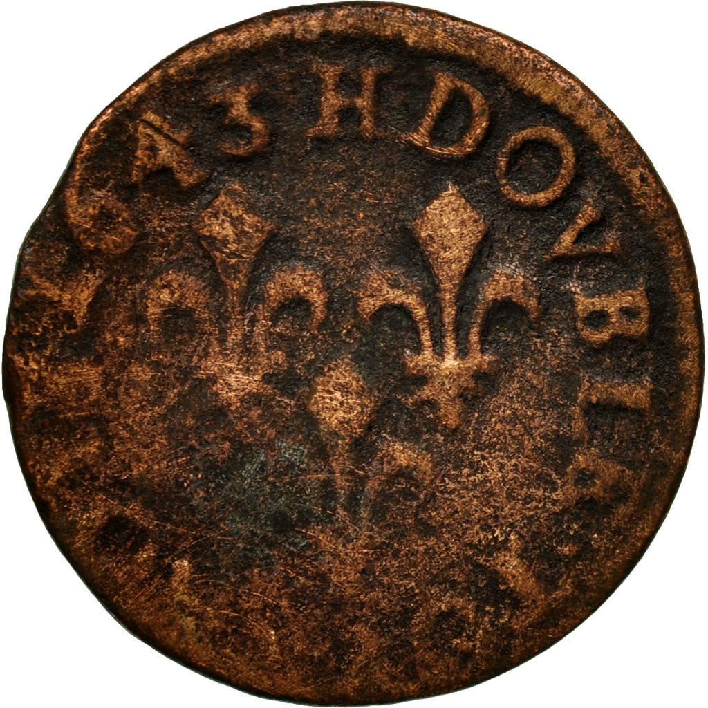 Coin, France, Louis XIII, Double Tournois, 1643, La Rochelle, F(12-15), Copper