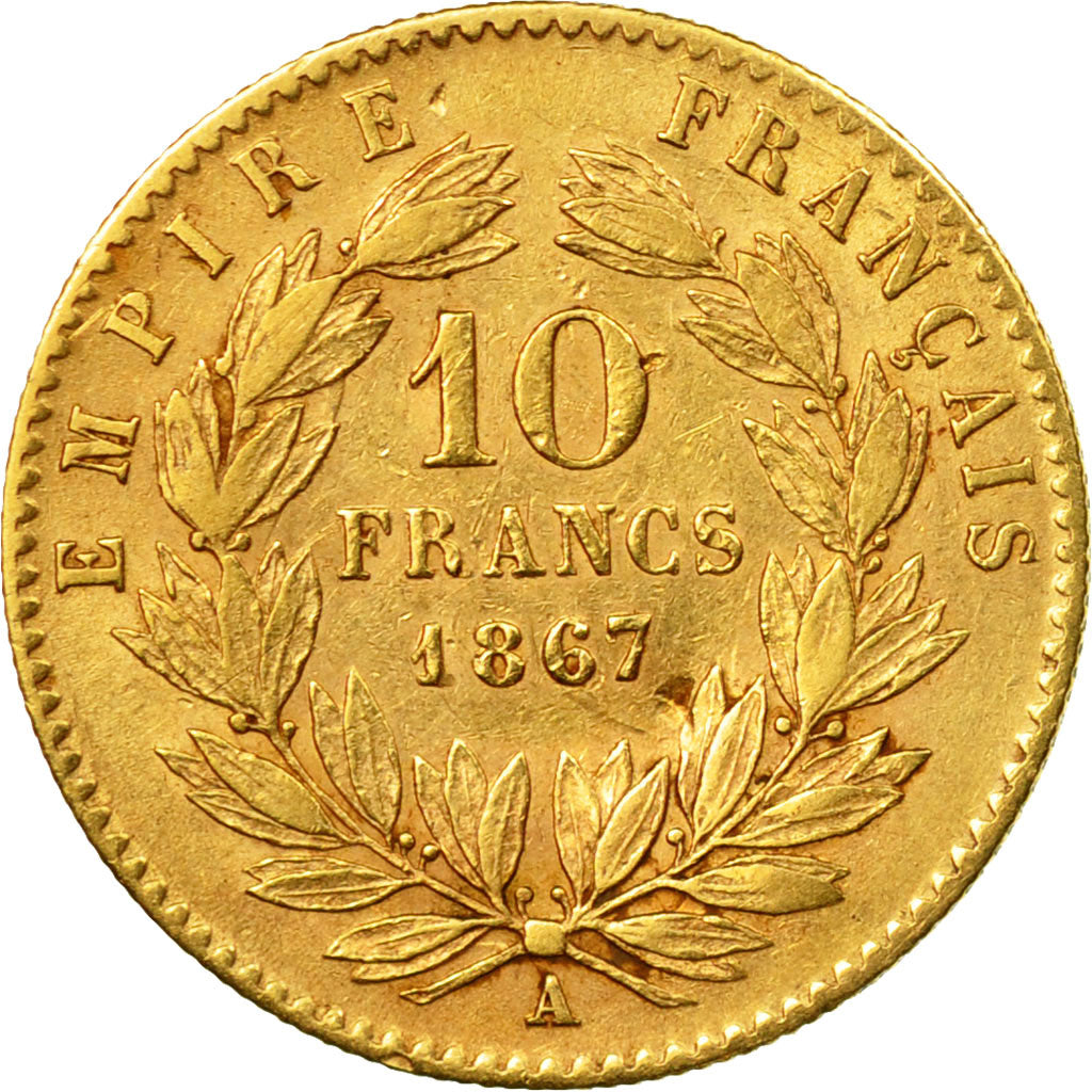Moneta, Francia, Napoleon III, Napoléon III, 10 Francs, 1867, Paris, BB+, Oro