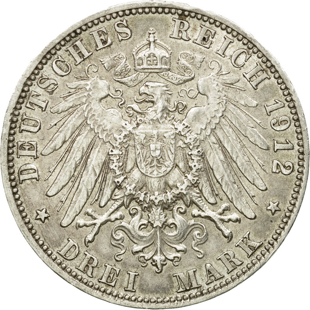 Coin, German States, BAVARIA, Otto, 3 Mark, 1912, Munich, AU(50-53), Silver