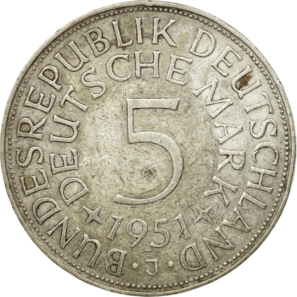 Coin, GERMANY - FEDERAL REPUBLIC, 5 Mark, 1951, Hamburg, AU(50-53), Silver