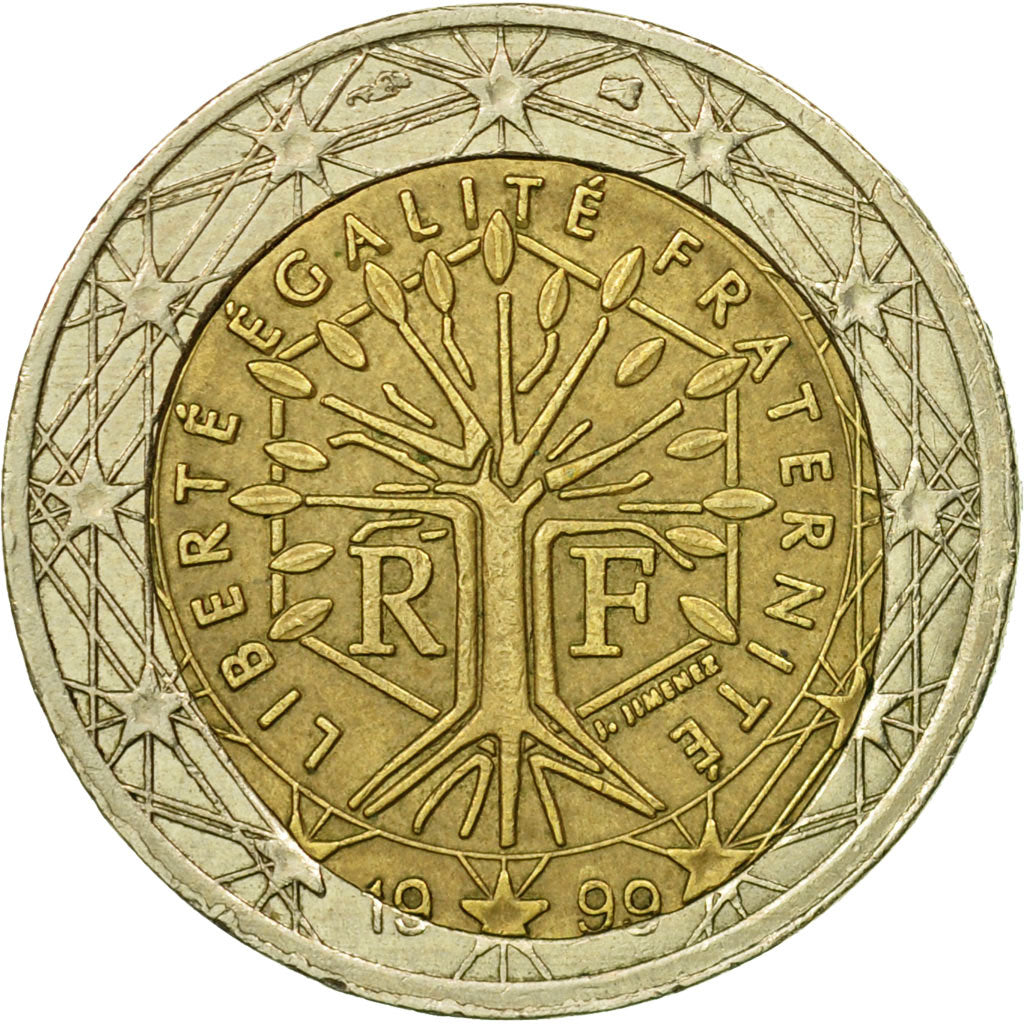 Francia, 2 Euro, 1999, Fautée - Coeur déformé, BB+, Bimetallico, Gadoury:EM