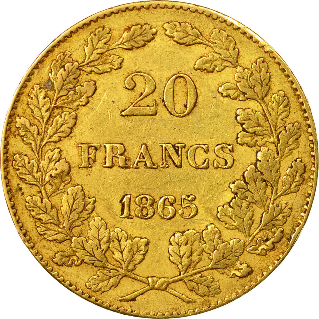 Coin, Belgium, Leopold I, 20 Francs, 20 Frank, 1865, Brussels, AU(50-53), Gold