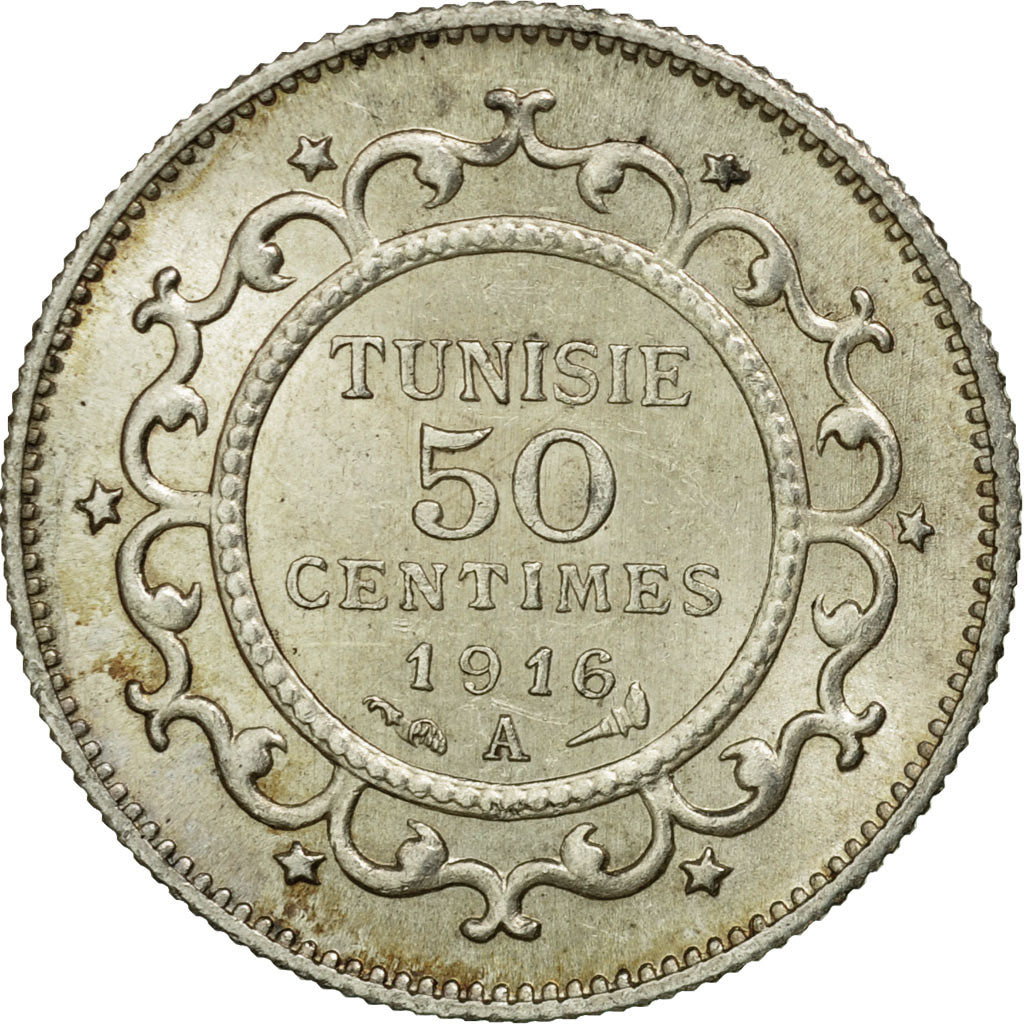 Coin, Tunisia, Muhammad al-Nasir Bey, 50 Centimes, 1916, Paris, AU(55-58)