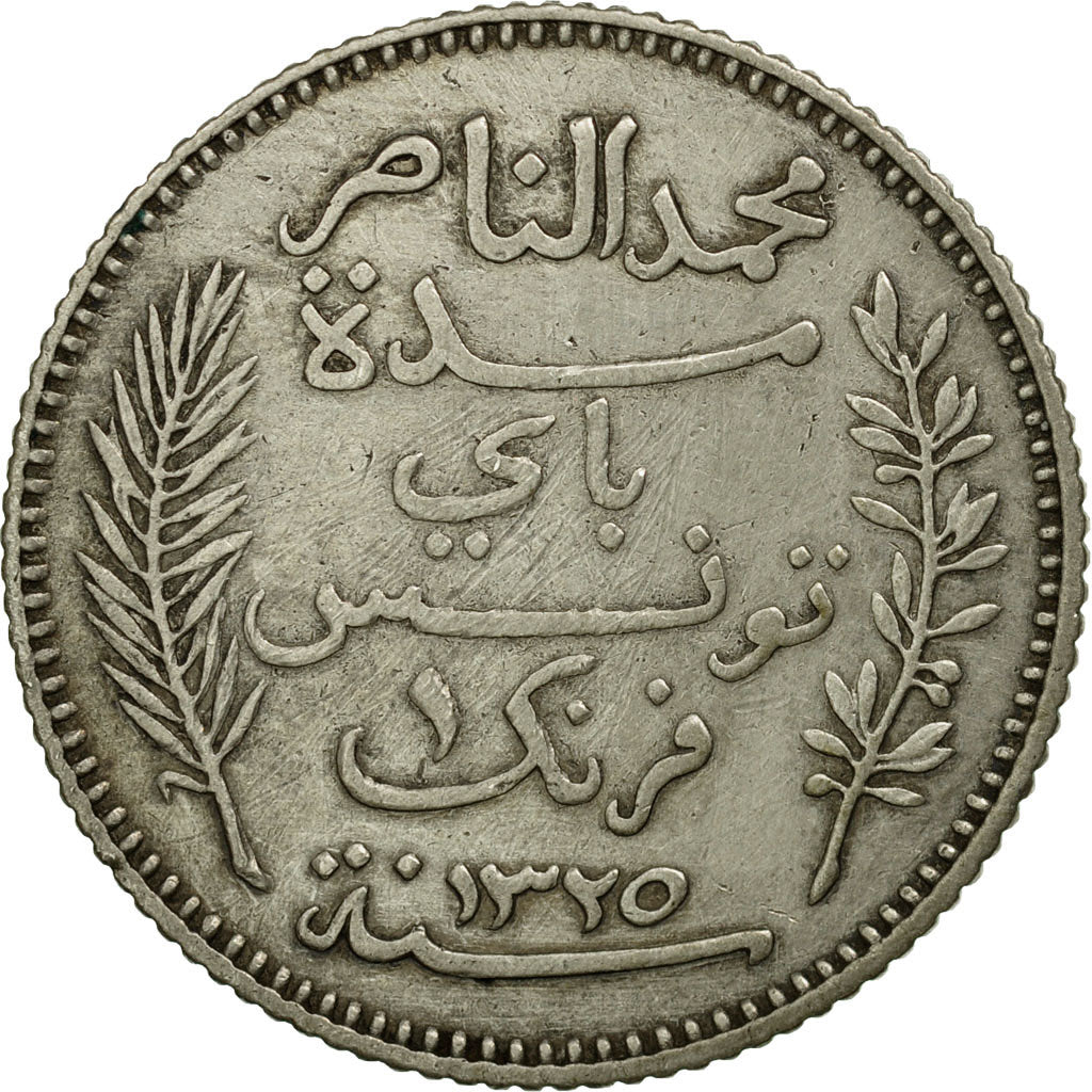 Coin, Tunisia, Muhammad al-Nasir Bey, Franc, 1907, Paris, EF(40-45), Silver
