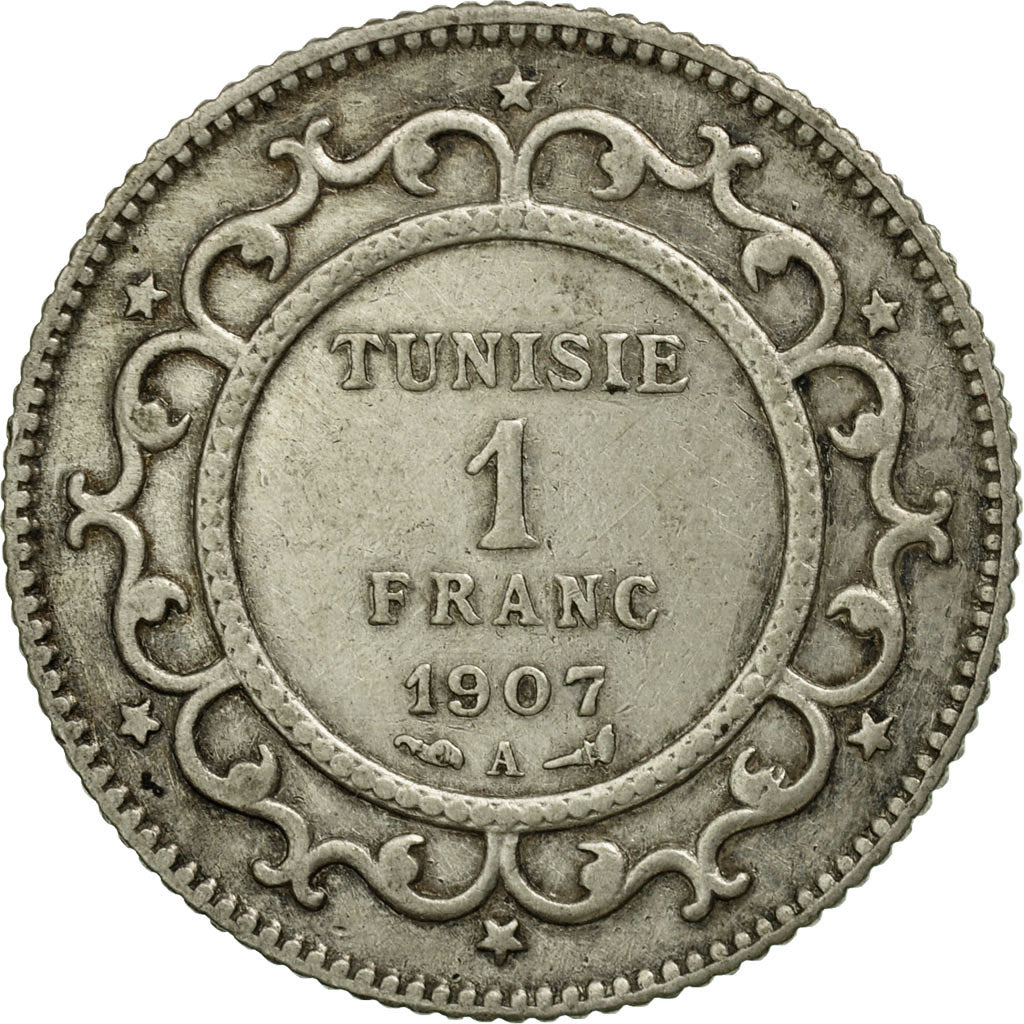 Coin, Tunisia, Muhammad al-Nasir Bey, Franc, 1907, Paris, EF(40-45), Silver