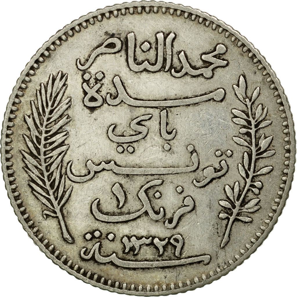 Coin, Tunisia, Muhammad al-Nasir Bey, Franc, 1911, Paris, EF(40-45), Silver