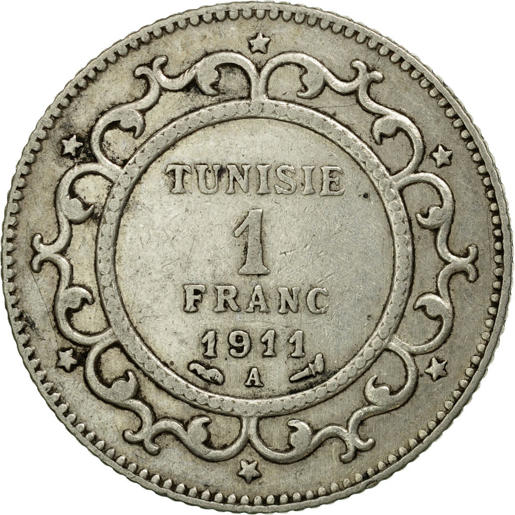 Coin, Tunisia, Muhammad al-Nasir Bey, Franc, 1911, Paris, EF(40-45), Silver