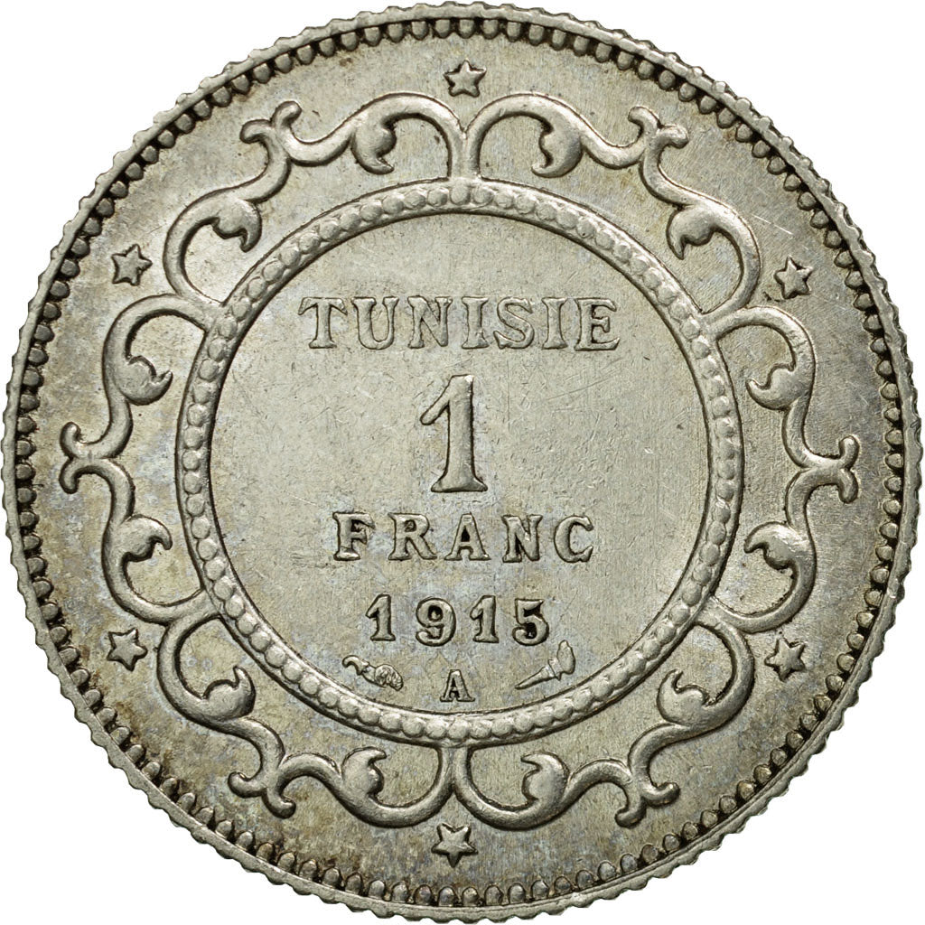 Coin, Tunisia, Muhammad al-Nasir Bey, Franc, 1915, Paris, EF(40-45), Silver