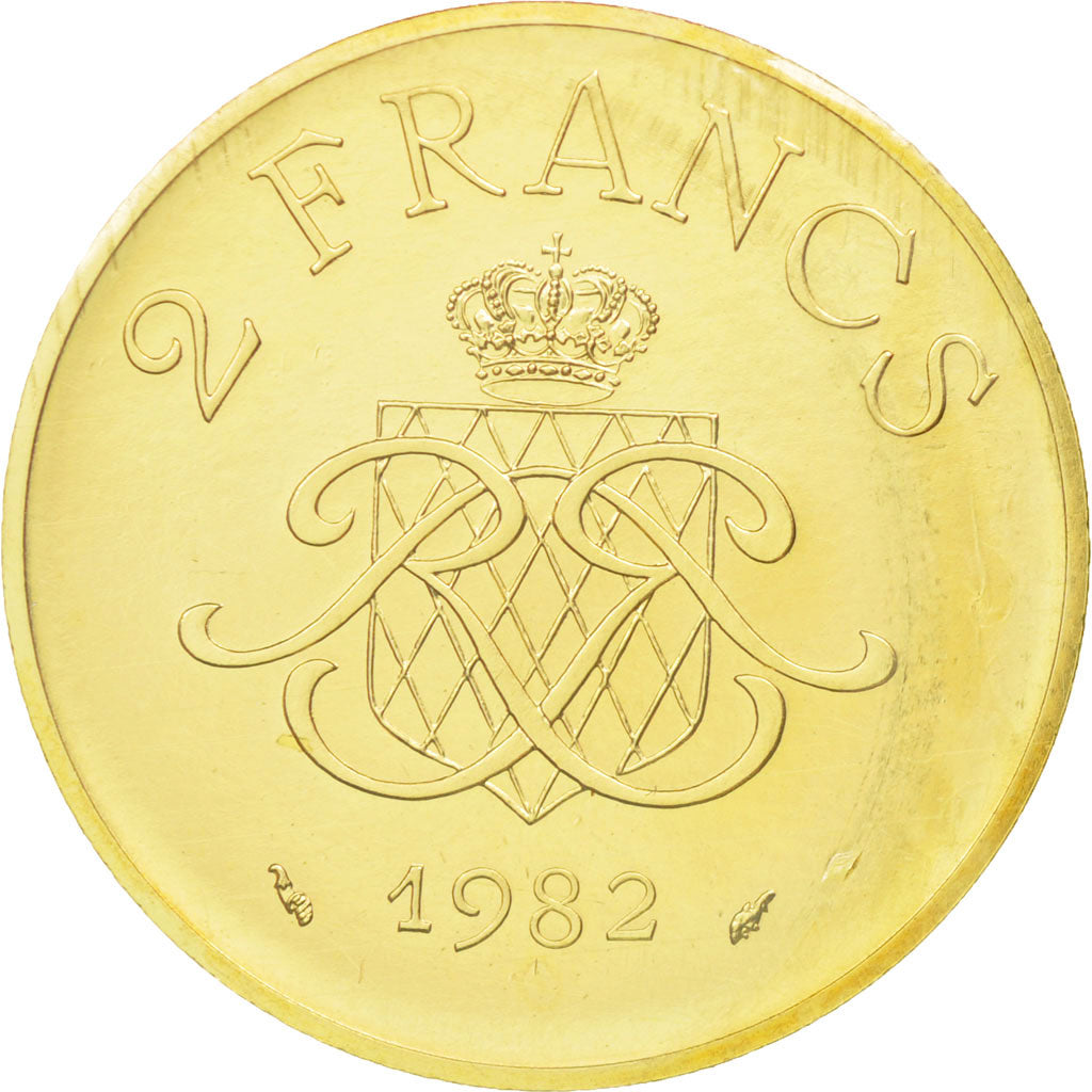 Coin, Monaco, 2 Francs, 1982, Piéfort, PCGS, SP69, Gold, graded, Gadoury:MC