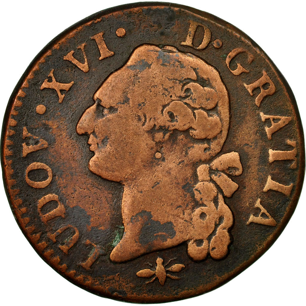Münze, Frankreich, Louis XVI, Sol, 1791, Lyons, S, Kupfer, KM:602.2