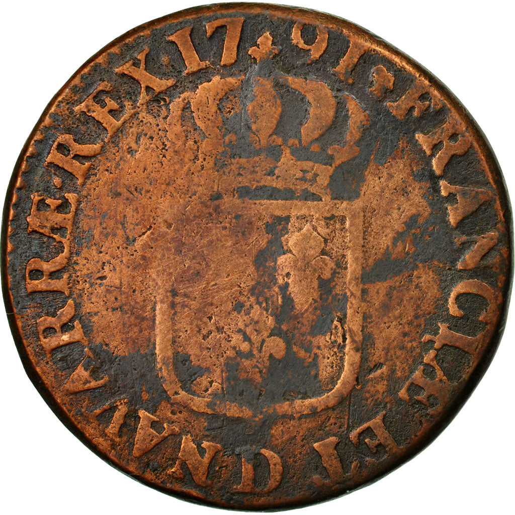 Münze, Frankreich, Louis XVI, Sol, 1791, Lyons, S, Kupfer, KM:602.2