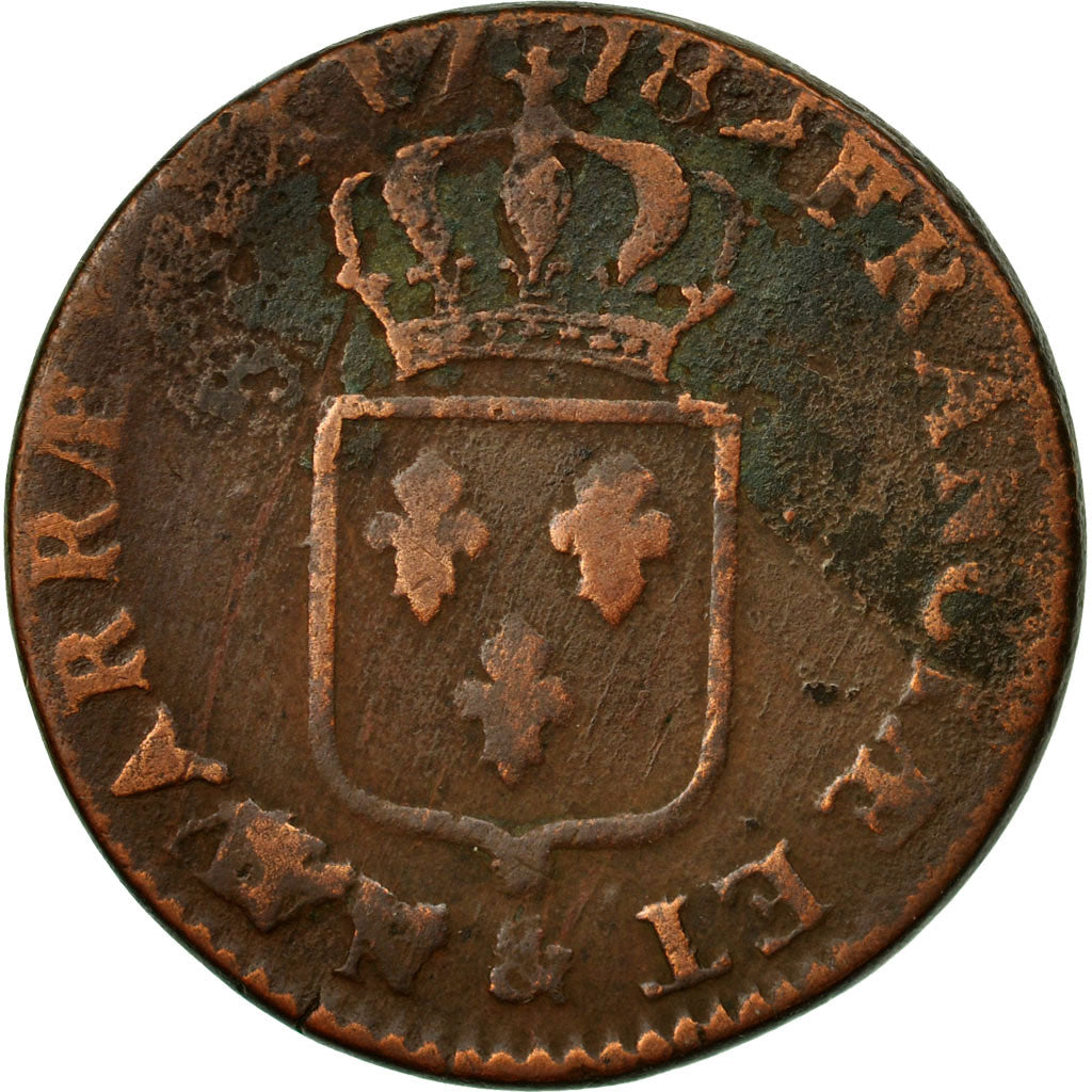 Coin, France, Louis XVI, Sol ou sou, Sol, 1778, Aix, VF(20-25), Copper