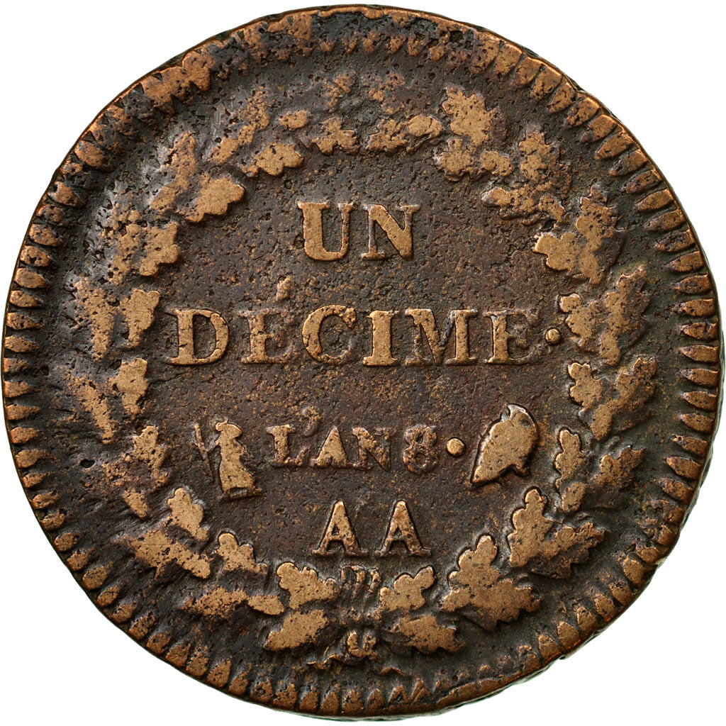 Moneta, Francia, Dupré, Decime, AN 8, Metz, MB, Bronzo, KM:644.2, Gadoury:187a