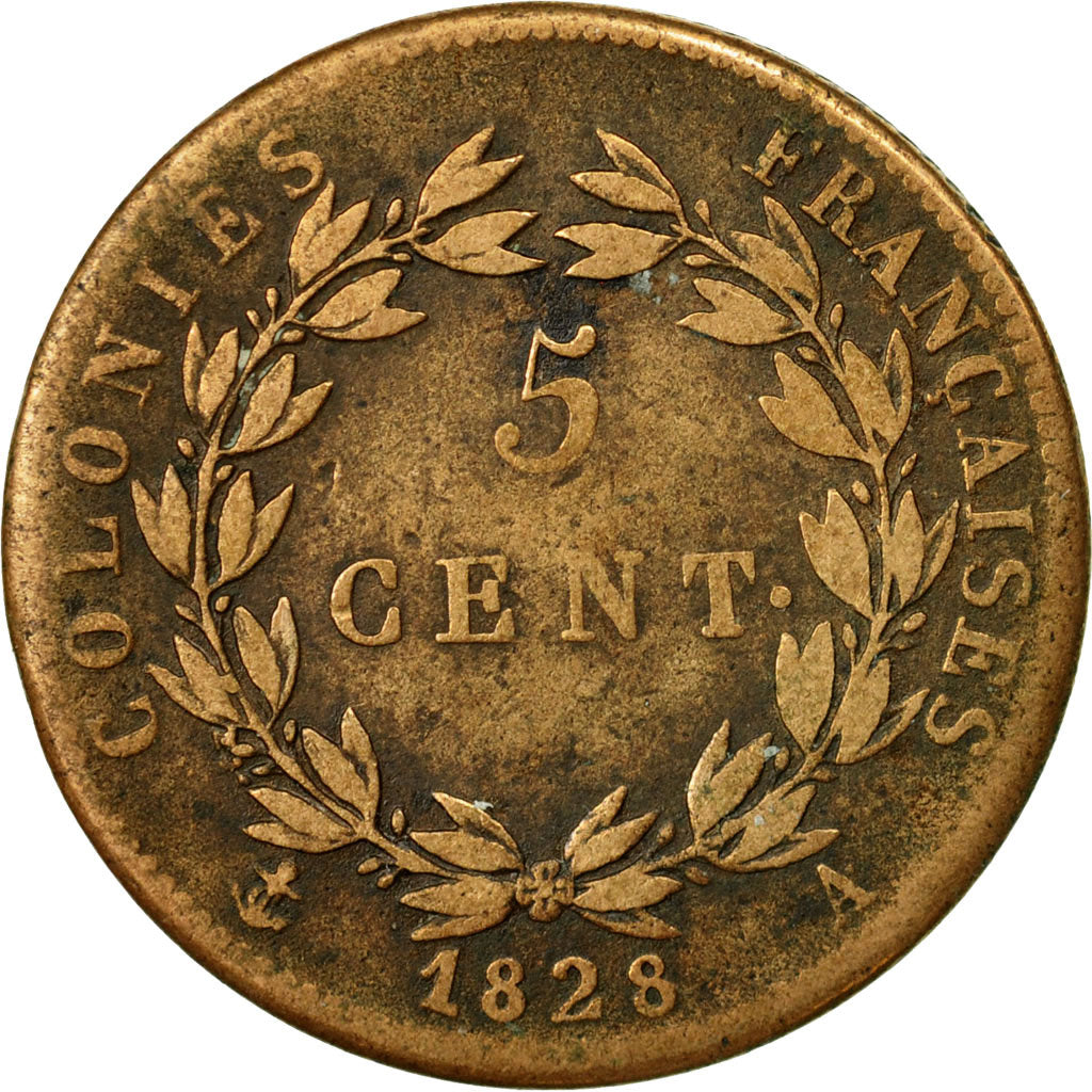 Moneta, Colonie francesi, Charles X, 5 Centimes, 1828, Paris, MB+, Bronzo