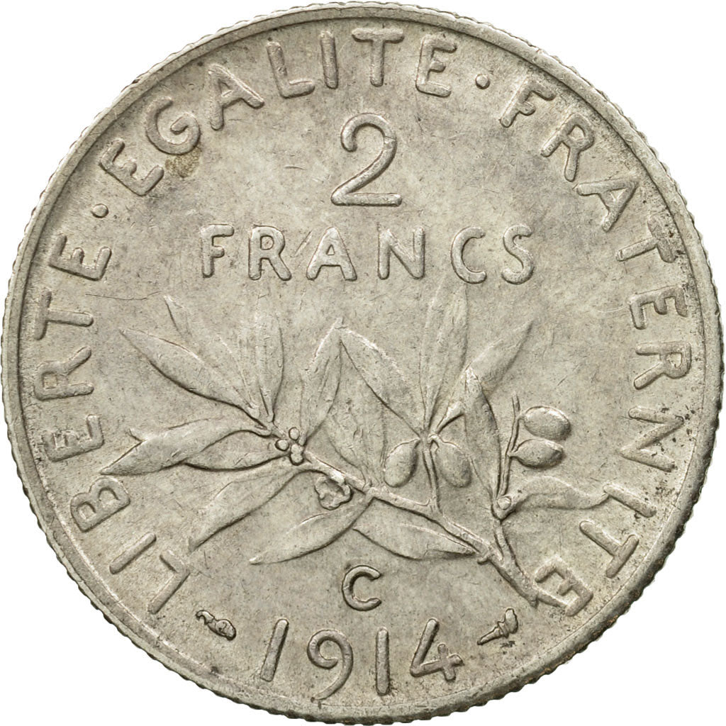 Coin, France, Semeuse, 2 Francs, 1914, Castelsarrasin, AU(55-58), Silver