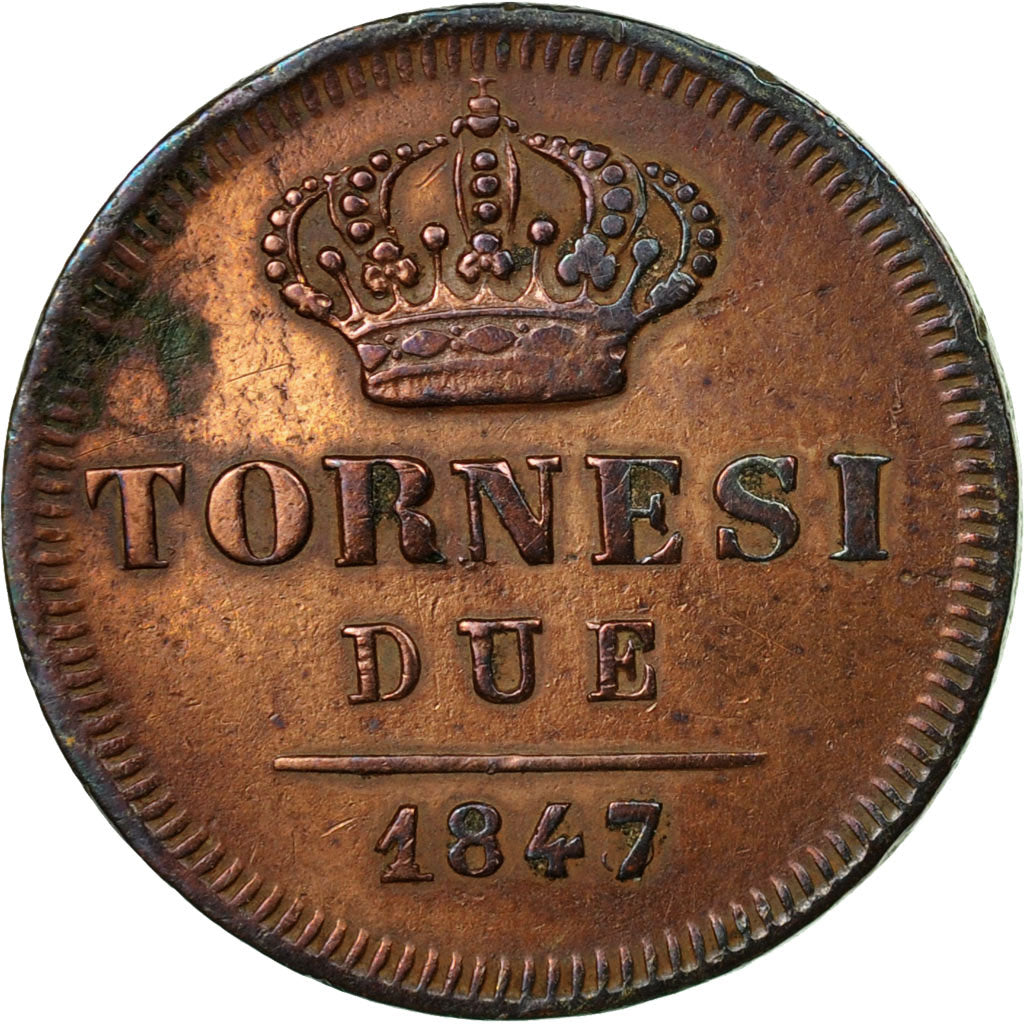 Coin, ITALIAN STATES, NAPLES, Ferdinando II, 2 Tornesi, 1847, EF(40-45), Copper
