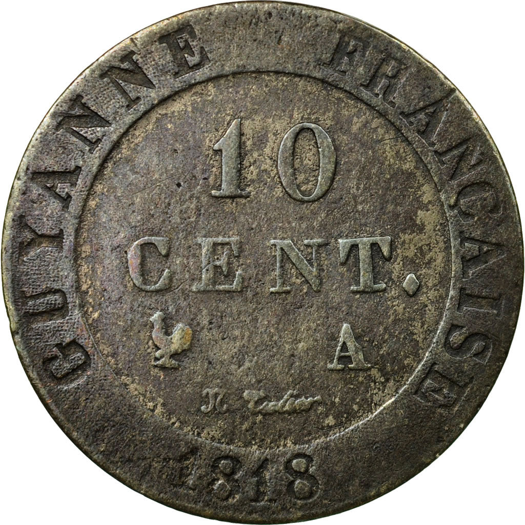 Moneda, GUAYANA FRANCESA, 10 Centimes, 1818, Paris, MBC, Vellón, KM:A1