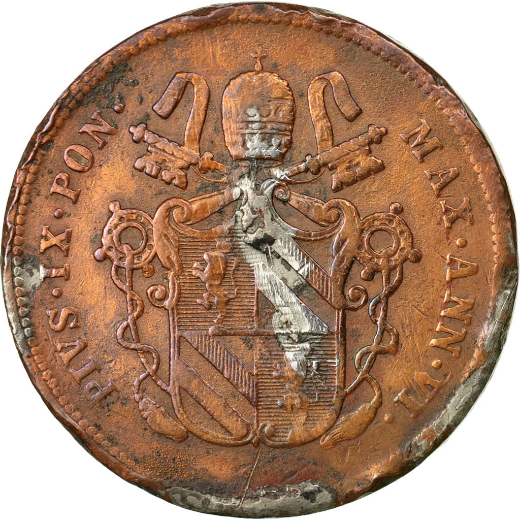 Moneta, STATI ITALIANI, PAPAL STATES, Pius IX, 2 Baiocchi, Muraiola, 1851, Roma