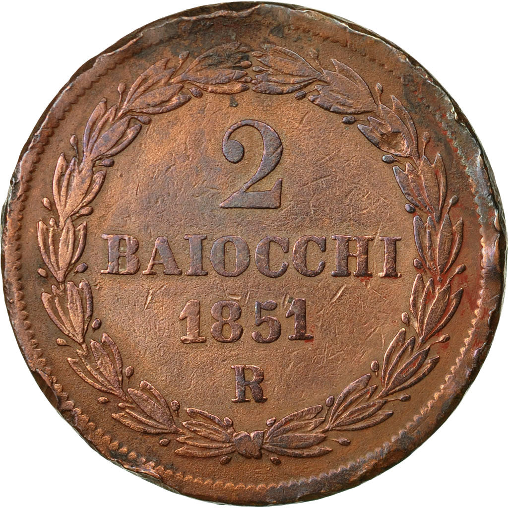 Moneta, STATI ITALIANI, PAPAL STATES, Pius IX, 2 Baiocchi, Muraiola, 1851, Roma