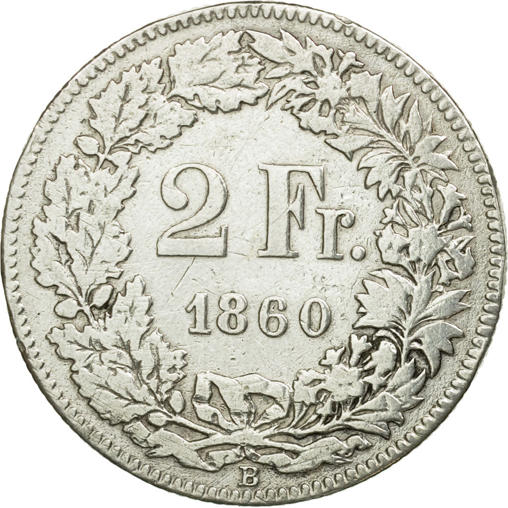 Coin, Switzerland, 2 Francs, 1860, Bern, F(12-15), Silver, KM:10a