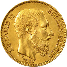 Moneda, Bélgica, Leopold II, 20 Francs, 20 Frank, 1867, Brussels, MBC+, Oro