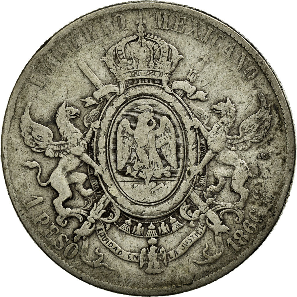 Coin, Mexico, Maximilian, Peso, 1866, Mexico City, VF(20-25), Silver, KM:388.1