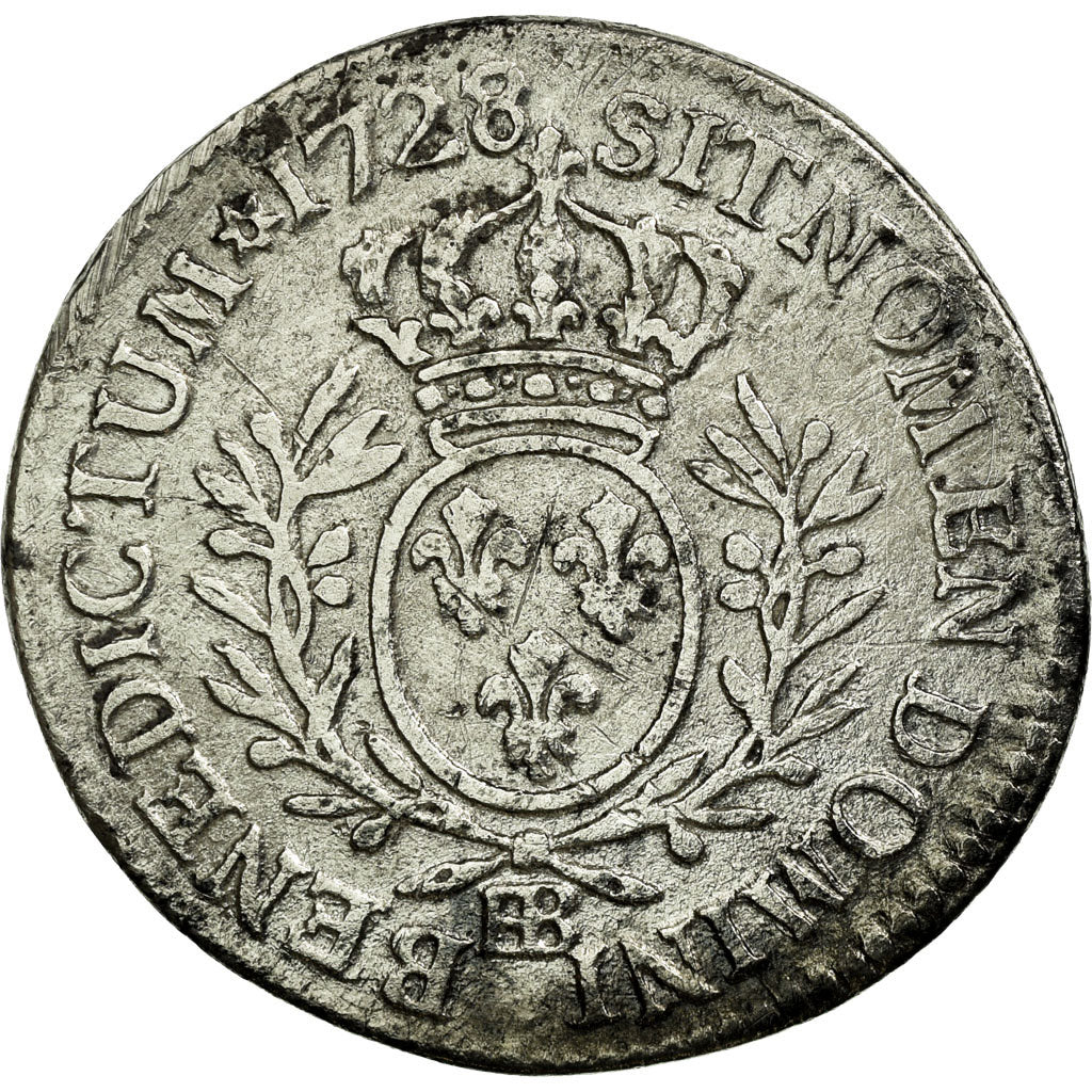 Moneda, Francia, Louis XV, 1/5 Écu aux branches d'olivier, 1/5 Ecu, 1728