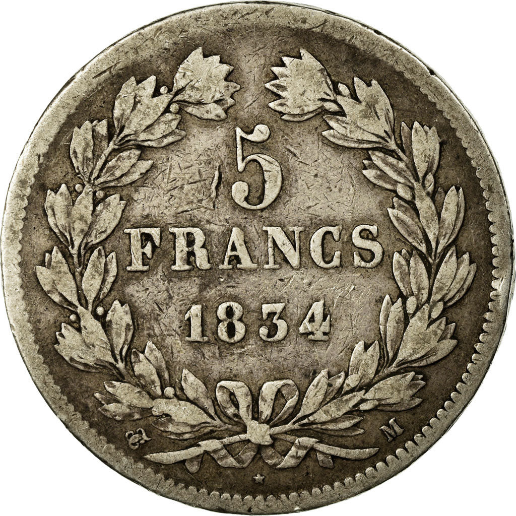 Coin, France, Louis-Philippe, 5 Francs, 1834, Toulouse, VF(20-25), Silver